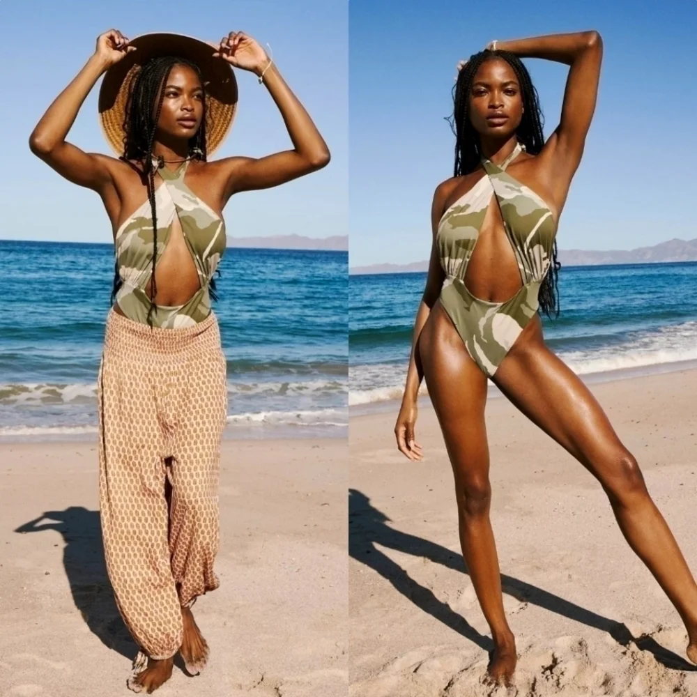 Out From Under Lucia Printed Wrap One Piece Cut Our Swimsuit in Camo Sz Med NWT